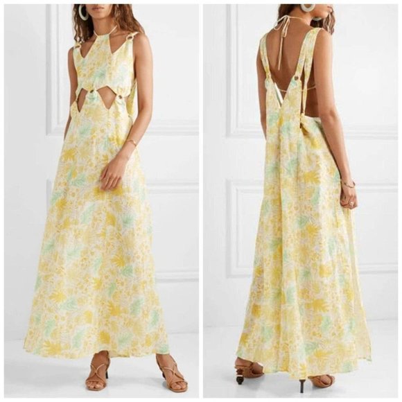 cult gaia Dresses & Skirts - Cult Gaia 100% Linen Yellow Floral Designer Cut Out Strappy Side Slit Maxidress